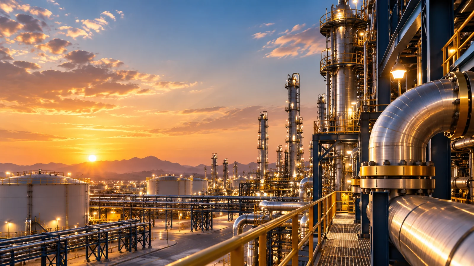 Industrial processing plant at sunset